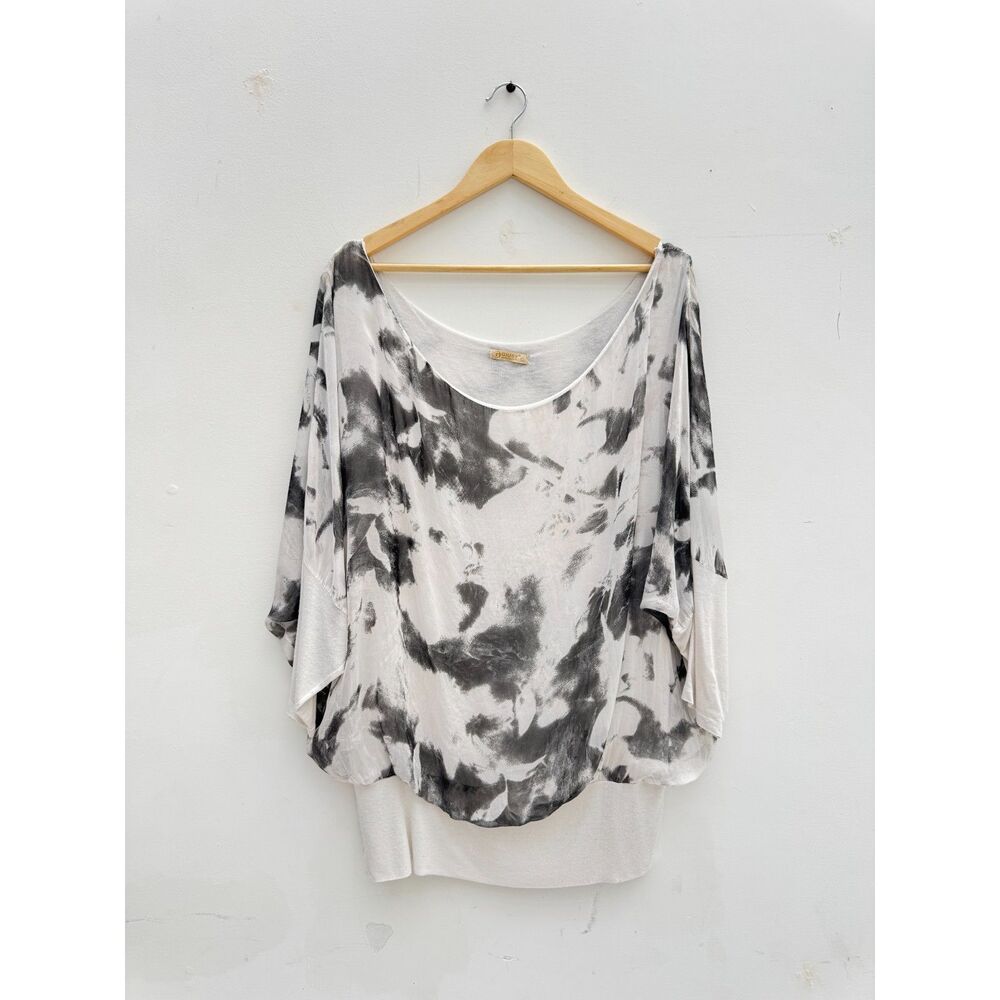 Giusy Italy L Silk Blend Layered Tunic Top Black White Abstract Oversized Large